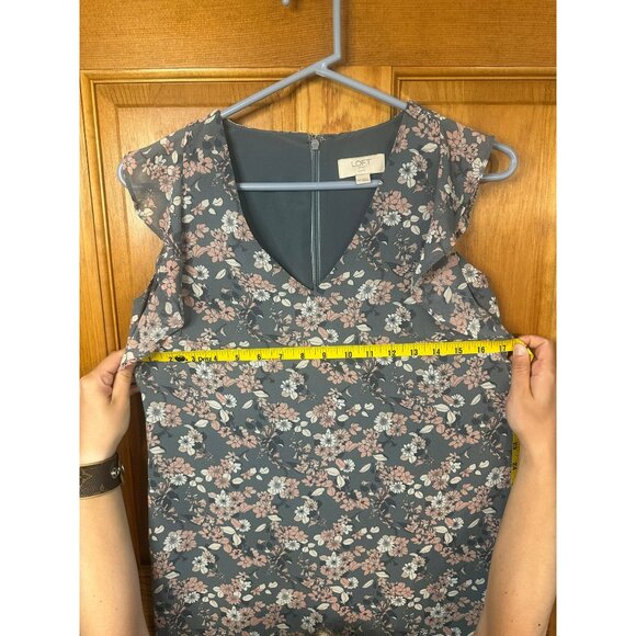 LOFT XS Petite Gray & Pink Floral Ruffle Sleeveless Dress - V-Neck Mini Sundress - Picture 9 of 9